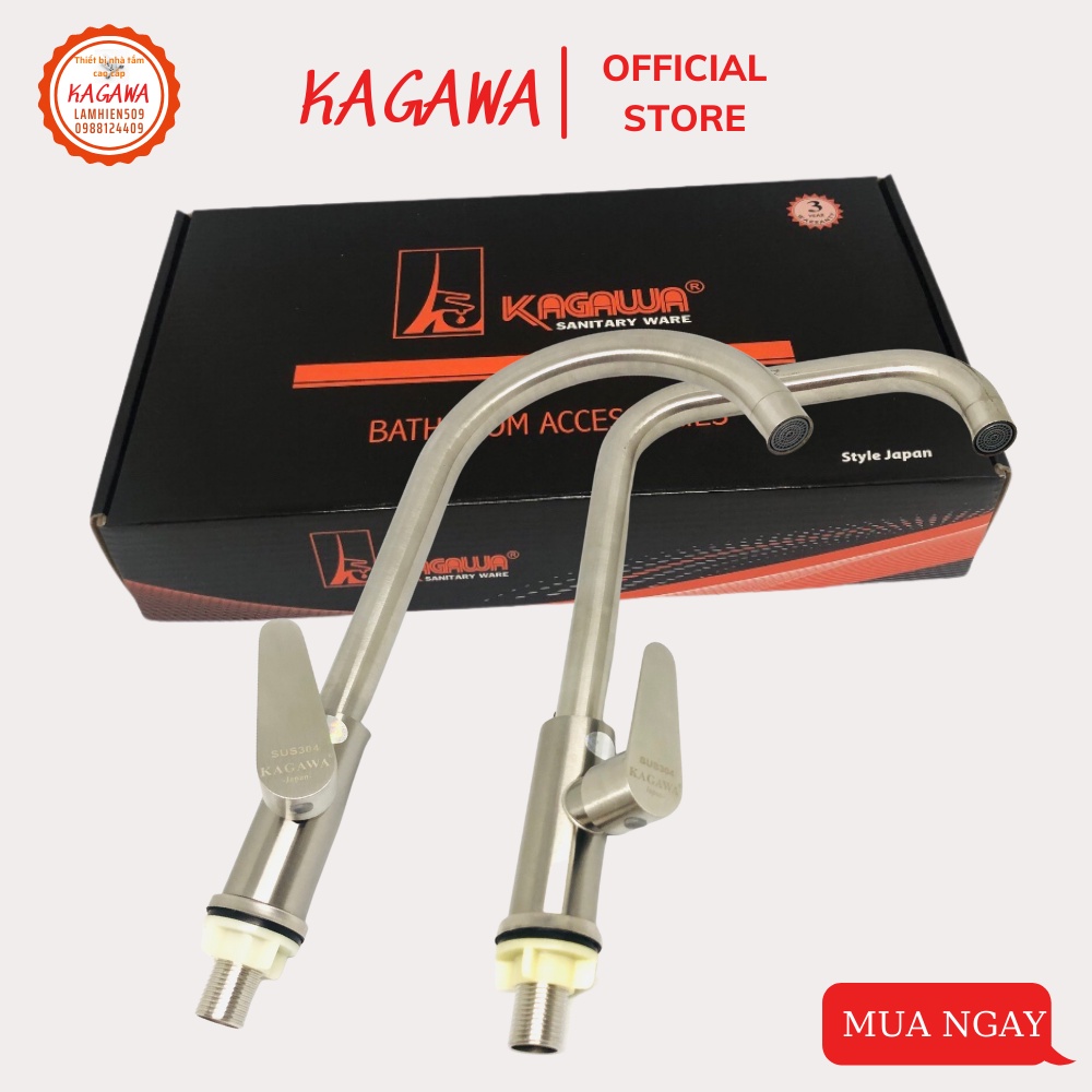 Vòi Rửa Chén Bát Lạnh Inox 304 KAGAWA xoay 360 độ dùng cho 2 hộc chậu ống phi 24