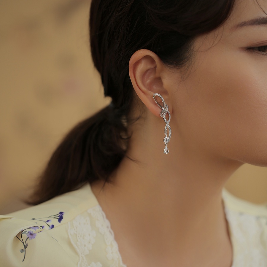 Bông Tai Mạ Bạc 925 Hình Nơ Đính Kim Cương Thời Trang Dành Cho Nữ