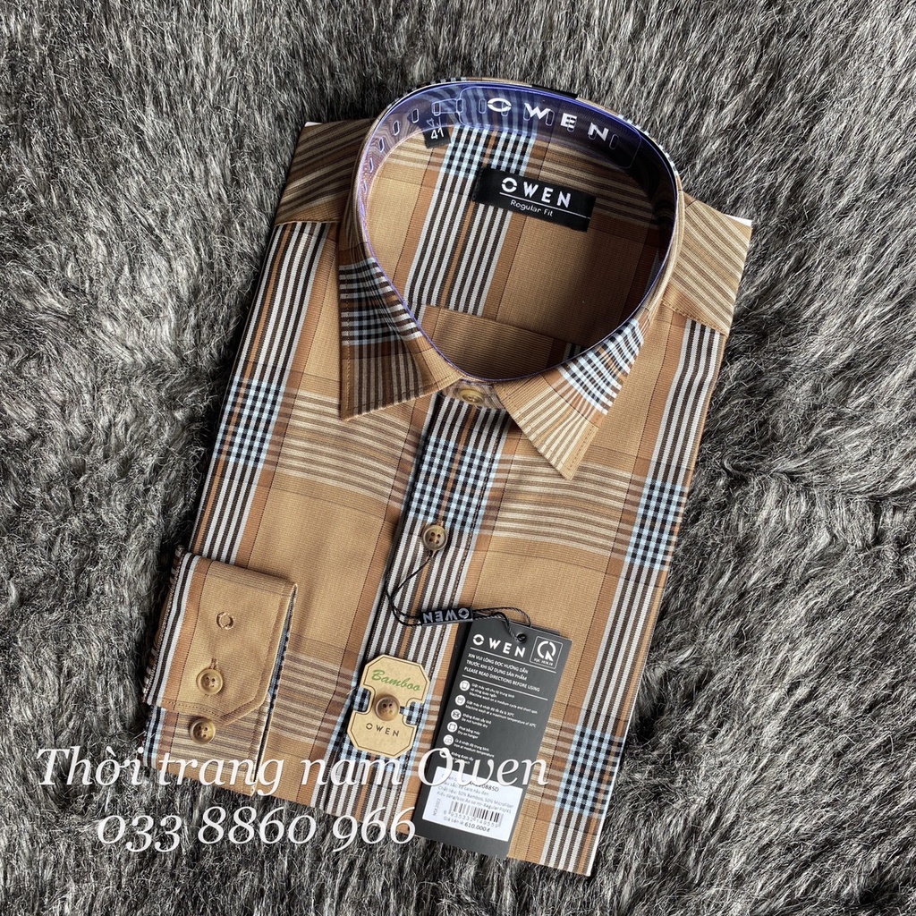 OWEN - Áo Sơ mi dài tay Owen Regular fit chất sợi tre màu nâu kẻ ca rô 220885