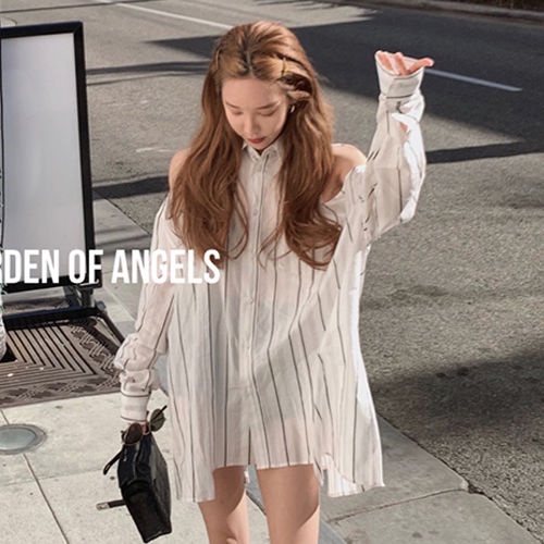 Áo sơ mi tay dài xẻ vai chống nắng vải mỏng thời trang mùa hè