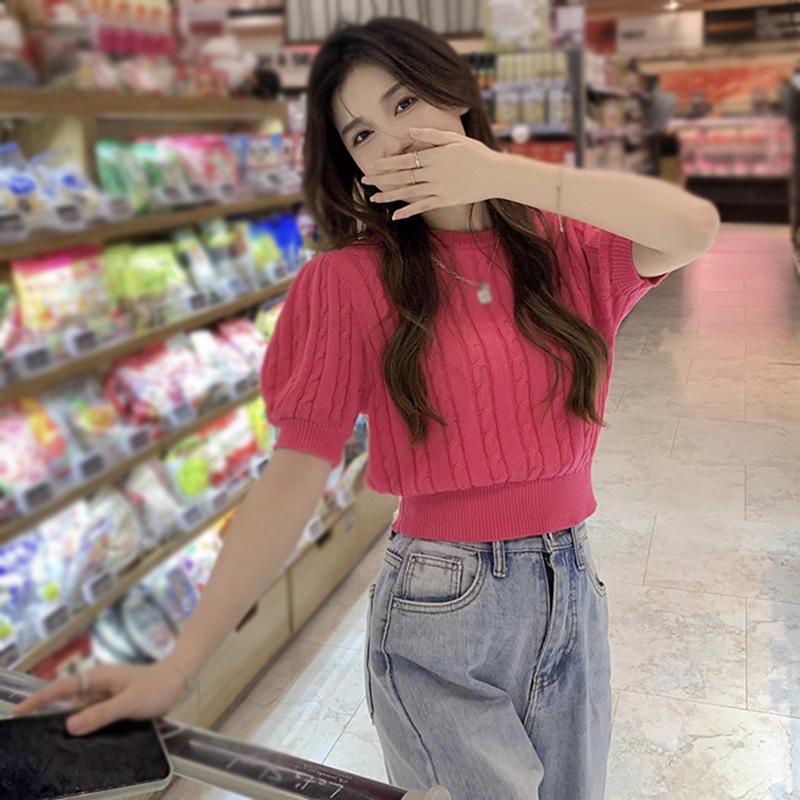 Áo Croptop Dệt Kim Tay Phồng Cổ Tròn Hở Lưng Màu Trơn Phong Cách Hàn Quốc Thời Trang Mùa Hè Cho Nữ