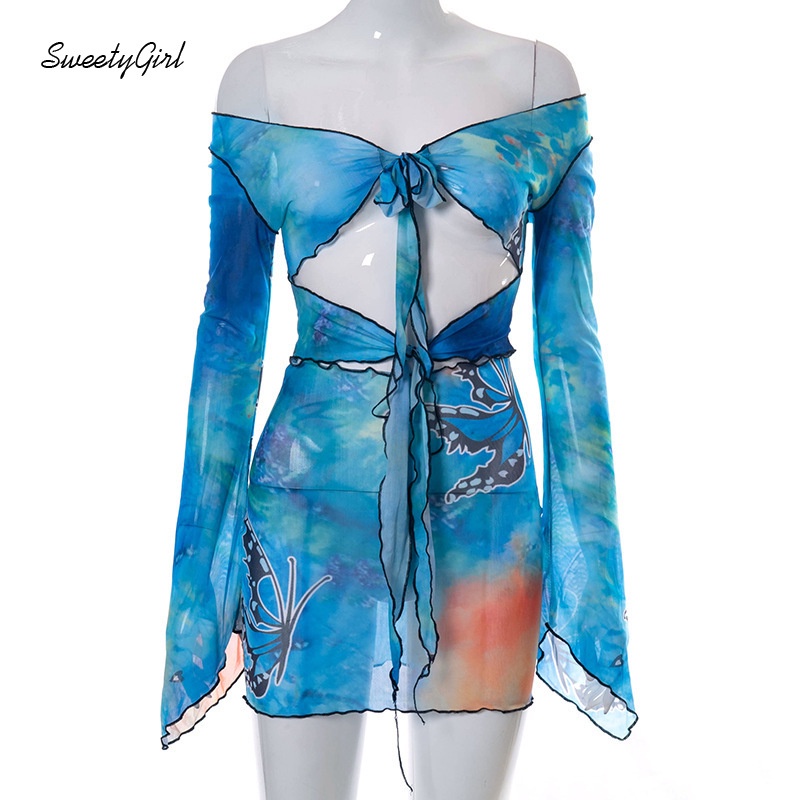 Đầm Mini Tay Dài Trễ Vai In Họa Tiết Bướm Nhiều Màu Quyến Rũ Cho Nữ