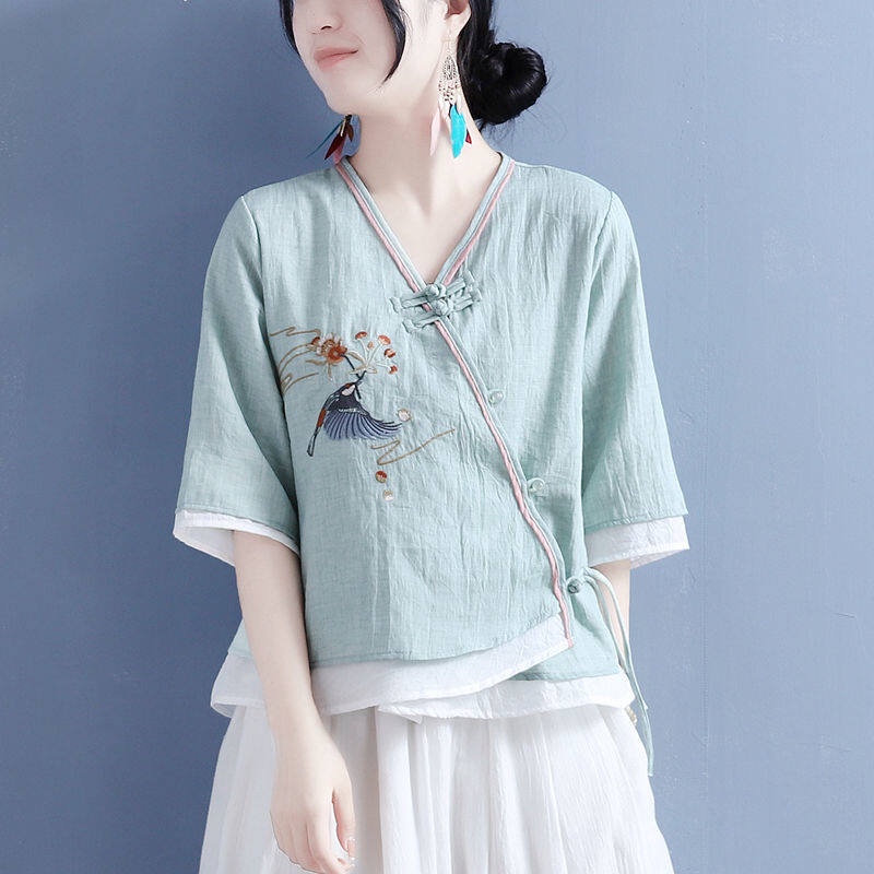 Áo Sơ Mi Cotton Lanh Sát Nách Cổ Chữ V Thêu Họa Tiết Hoa Và Chim Thời Trang Cho Nữ
