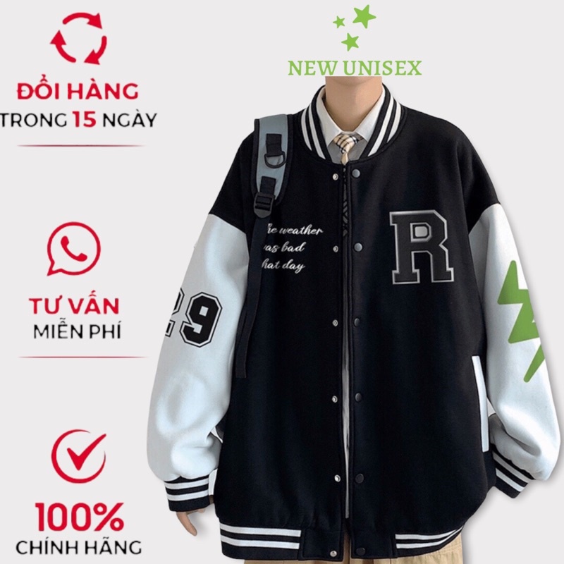 Áo Khoác Nỉ Nam Form Rộng In Chữ R Phối Tia Sét Tay Chất Nỉ Pe Loại 1 Kiểu Dáng Bomber Phong Cách Bóng Chày Mặc Thoáng M