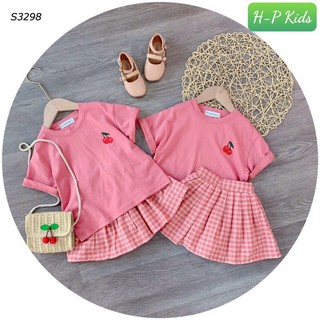 Set áo phông cherry mix chân váy kẻ caro hồng cho bé gái