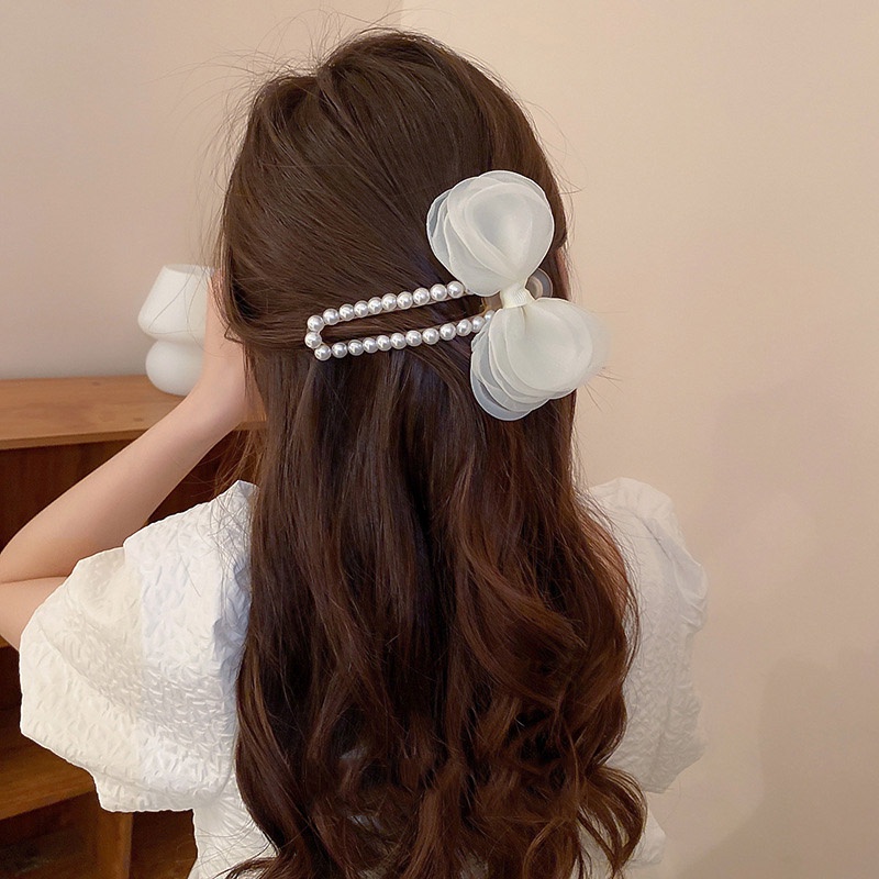 Kẹp Tóc Nơ Lưới Đính Hạt Ngọc Trai Thanh Lịch Thời Trang