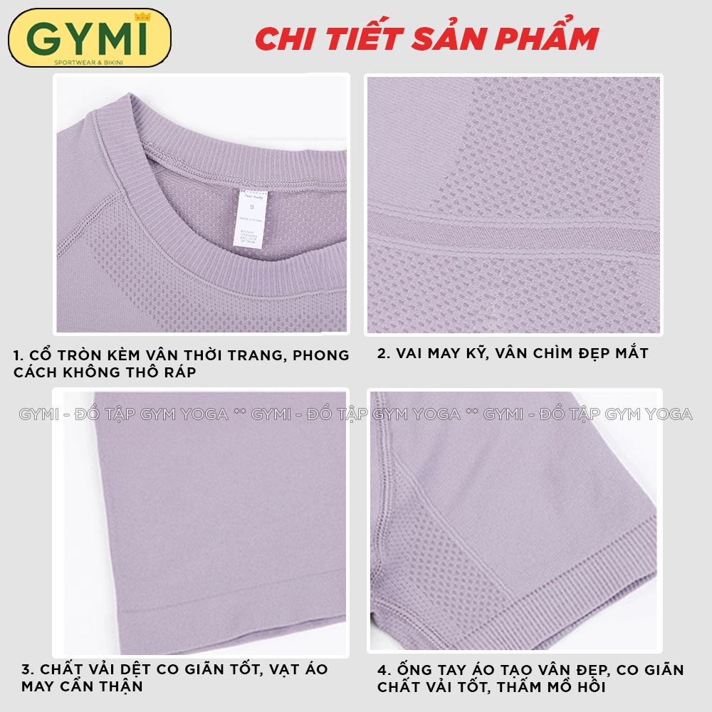 Áo tập gym yoga nữ GYMI AC28 dáng ngắn tay cạp dài phủ bụng chất dệt kim thể thao co giãn thấm hút
