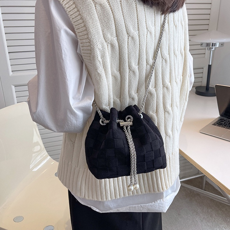 Túi đeo chéo IELGY thiết kế dây rút họa tiết kẻ sọc thời trang dành cho nữ