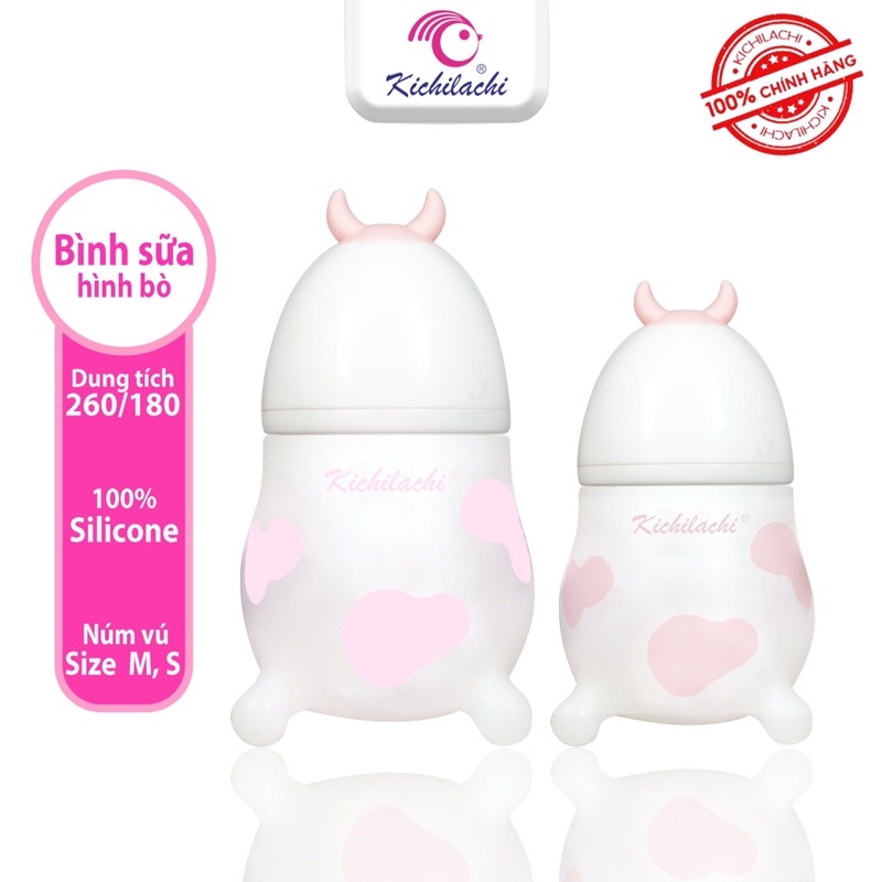 Núm Ti Bình Bò Sữa Kichilachi Cổ Rộng 100% Silicone Cao Cấp, Siêu Mềm, Mô Phỏng Bầu Vú Mẹ
