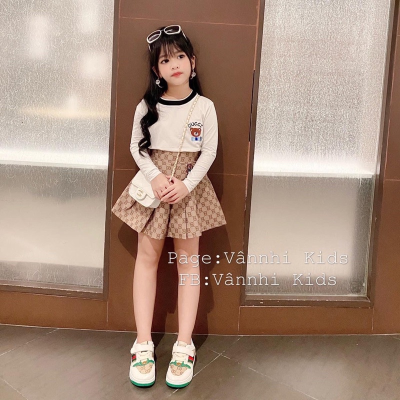 Set Áo Cổ Tròn Phối Chân Váy Gu Chì Bé Gái 8-30Kg