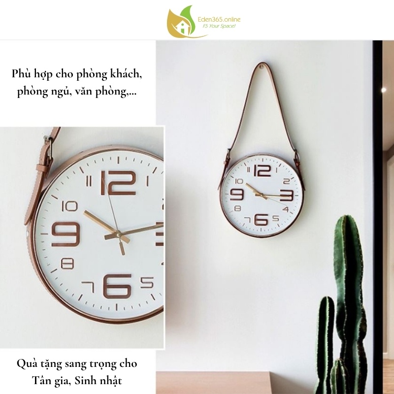Đồng hồ treo tường phong cách Bắc Âu hiện đại phối dây da - Có 2 màu lựa chọn - ĐK mặt đồng hồ 31 cm x dài 63 cm