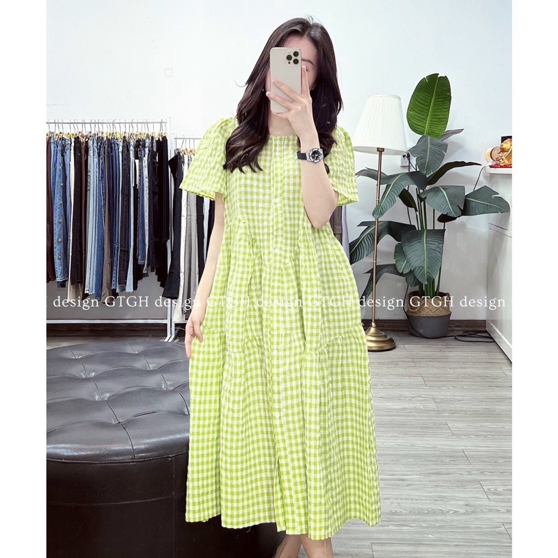 Đầm kẻ babydoll dáng dài siêu xinh- Váy kẻ hot che được mọi khuyết điểm