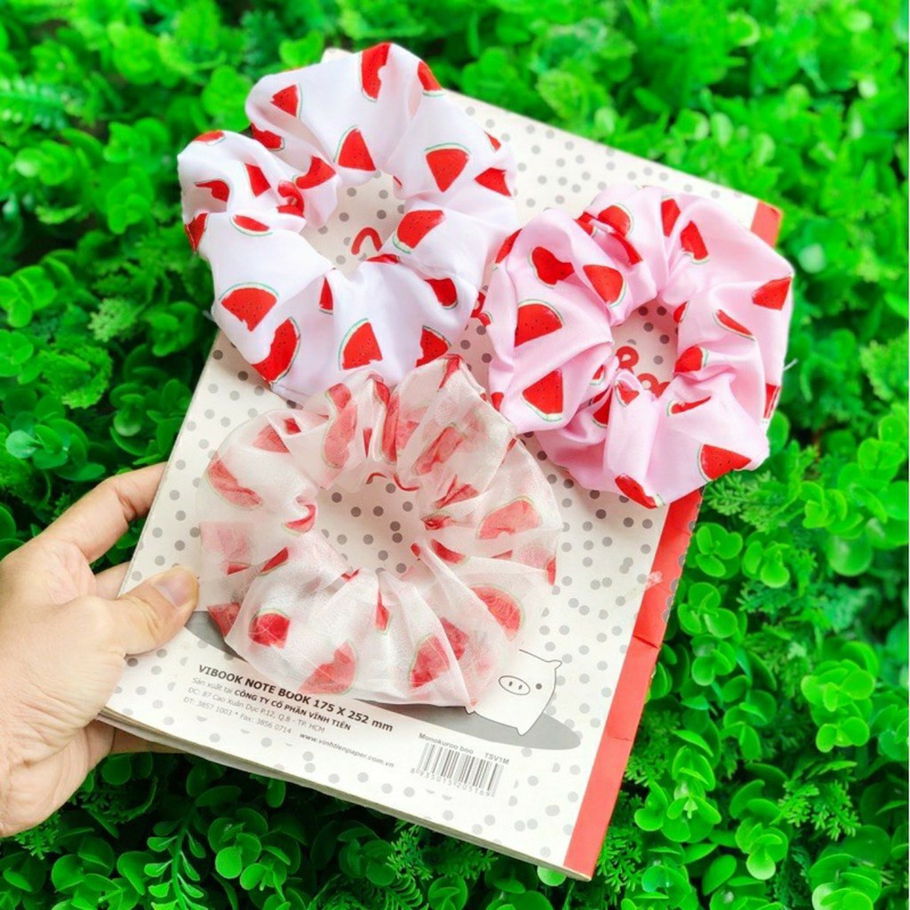 BỘ 3 DÂY BUỘC TÓC CỘT TÓC VẢI VON HỌA TIẾT TRẮNG ĐỎ CHO NỮ- MIX SẲN TONE