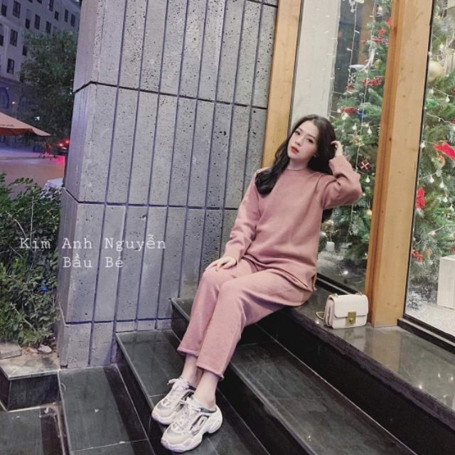 Set len hồng quần suông