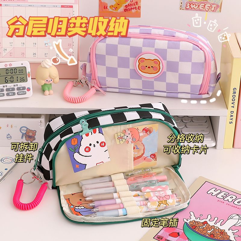 Túi Đựng Bút Chì Sức Chứa Lớn Ins Bằng Vải Bạt Không Va Chạm Kẻ Sọc Caro Cho Học Sinh Tiểu Học Nam Nữ