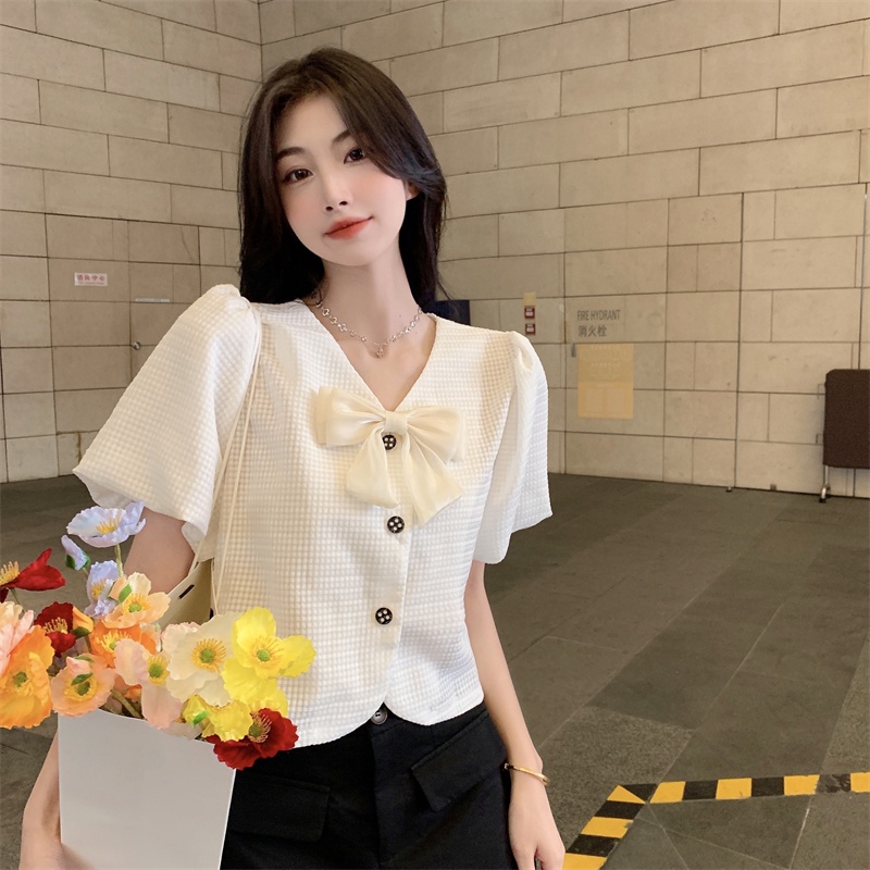 Áo Sơ Mi Tay Phồng Cổ Chữ V Phong Cách Hàn Quốc Thời Trang Cho Nữ