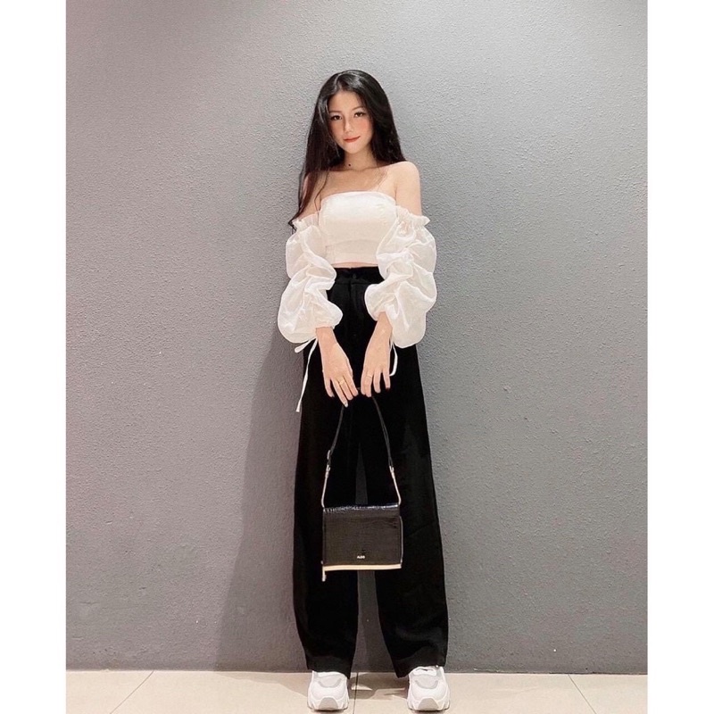 Áo croptop trễ vai voan bèo tay rút nhún lưng màu trơn basic có mút ngực, áo crt kiểu - Mã: 750 TV-FASHION