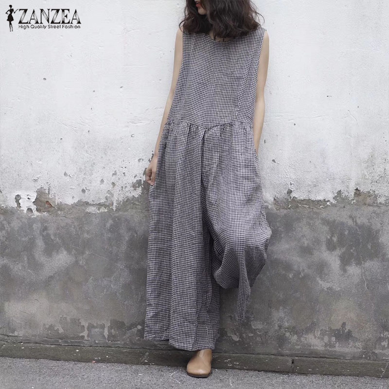 ZANZEA Jumpsuit Ống Rộng Không Tay Họa Tiết Ca Rô Thời Trang Dành Cho Nữ