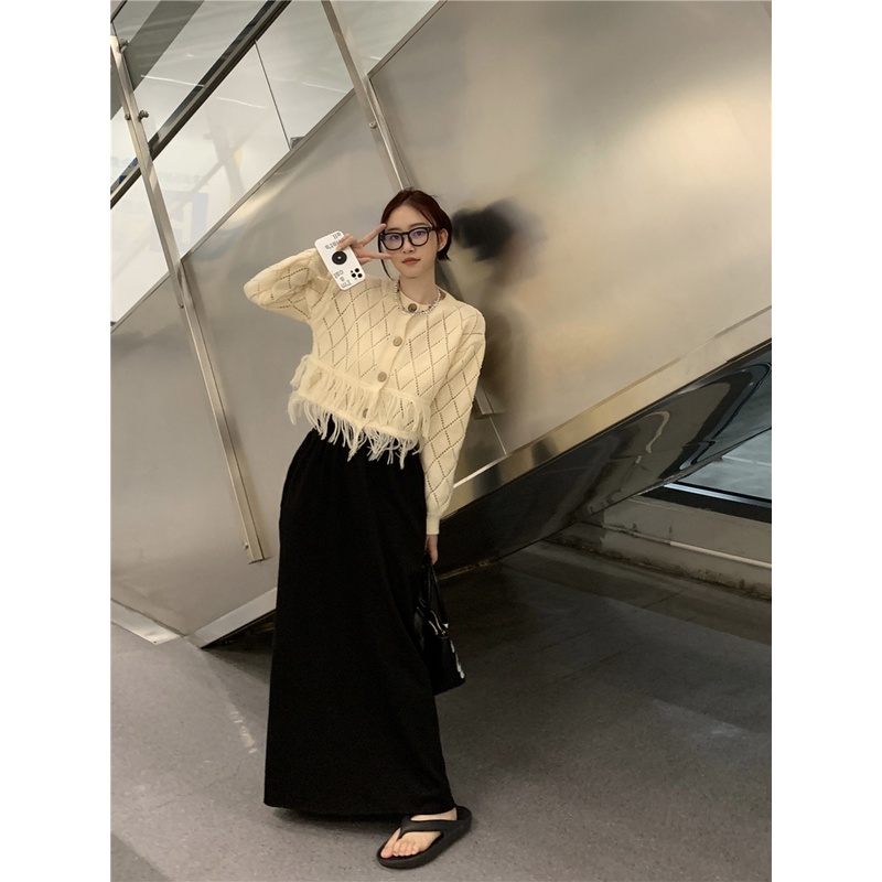Huang YOYO Áo Khoác cardigan Dệt Kim Dáng Rộng Tay Dài Thiết Kế Đục Lỗ Phối Tua Rua Thời Trang Mùa Thu Phong Cách Hàn Quốc Cho Nữ