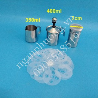 COMBO DỤNG CỤ PHA CHẾ TẠO BỌT (CA ĐÁNH SỮA, CA RÓT SỮA 350ML, KHUÔN, LỌ RẮC BỘT)