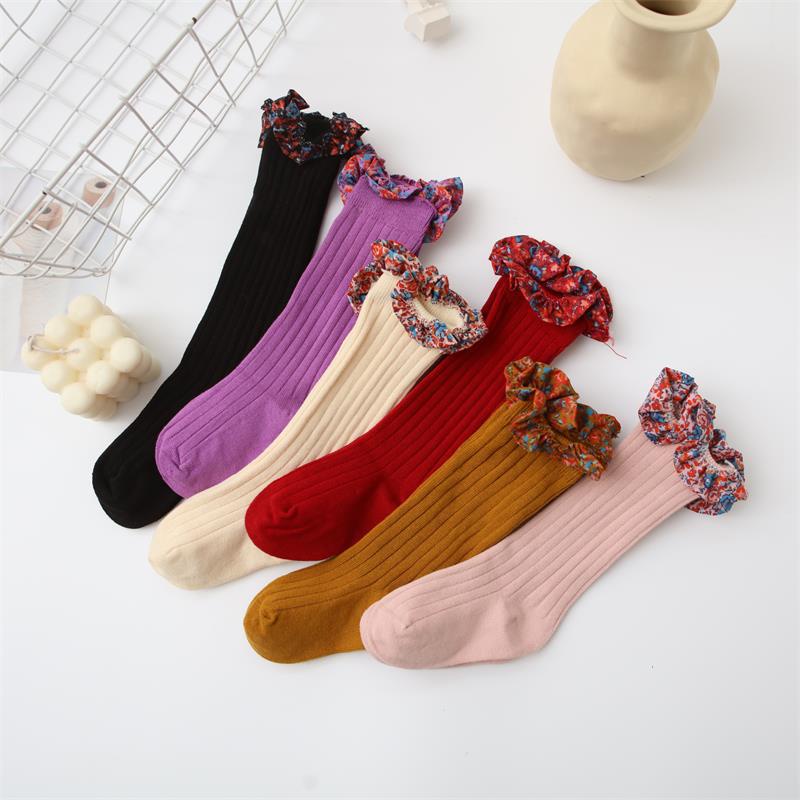 Vớ Cotton Ống Dài Hai Lớp Thêu Ren Hoa Màu Trơn Họa Tiết Hoạt Hình Tai Gỗ Dành Cho Bé Gái