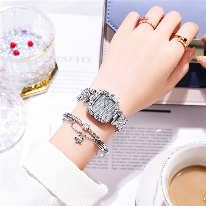 Đồng Hồ Quartz Nữ Mặt Vuông Đính Hột Xoàn Dây Thép Không Gỉ Thời Trang