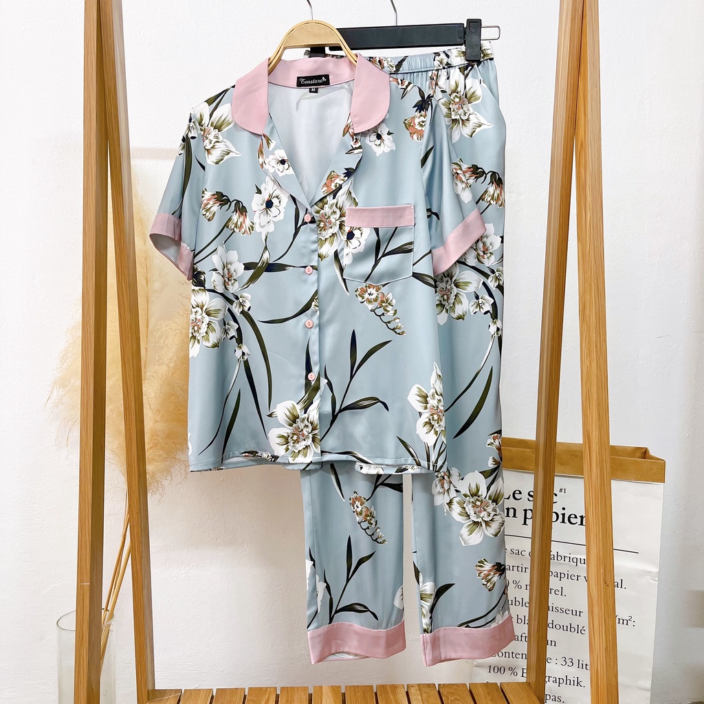 Bộ mặc nhà Pyjama chất lụa Tea Store áo cộc quần dài họa tiết hoa