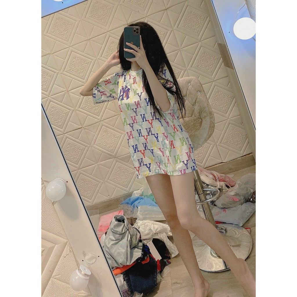 Áo thun form rộng tay lỡ in chữ 7 màu khắp áo cực xinh , chất thun coton tici dày dặn ( ảnh thật )