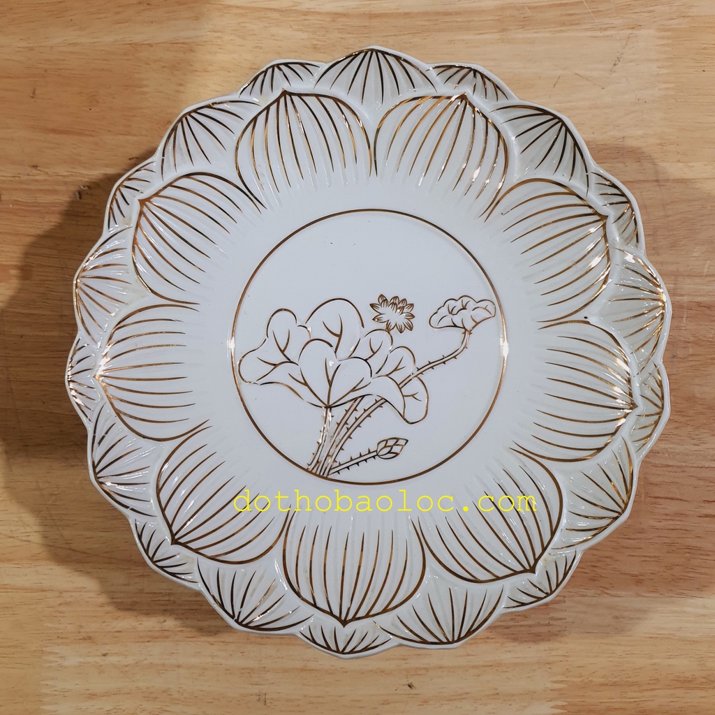 Đĩa bạch ngọc sứ trắng cao cấp hình hoa sen nổi 5 cỡ đường kính: 15cm, 17cm, 19.5cm, 22cm, 25cm