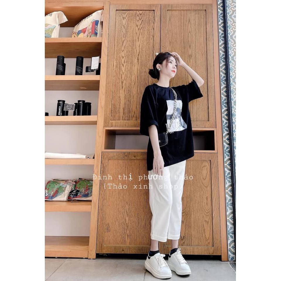 [Mã 11FASHIONSALE1 giảm 10K đơn 50K] 💃 Bộ Quần Kaki Trắng Kèm Áo Phông Đen In Hình Cô Gái