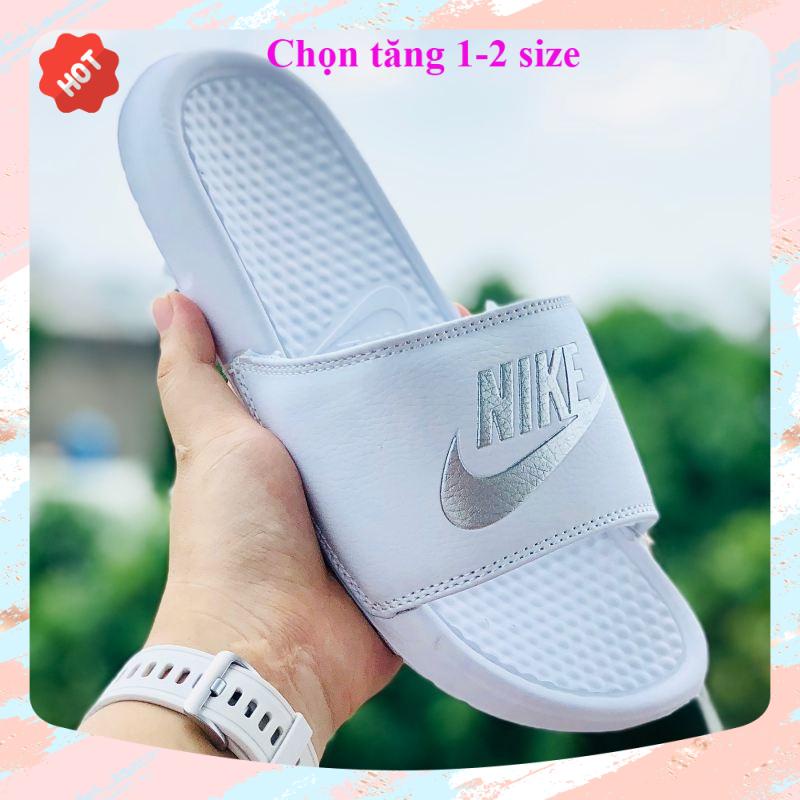 Dép unisex 𝐍𝐈𝐊𝐄 ❤️FREESHIP + Hộp❤️dép nk quai ngang thể thao nam nữ mk in nike trắng bạc, tem tag mac đây đủ,