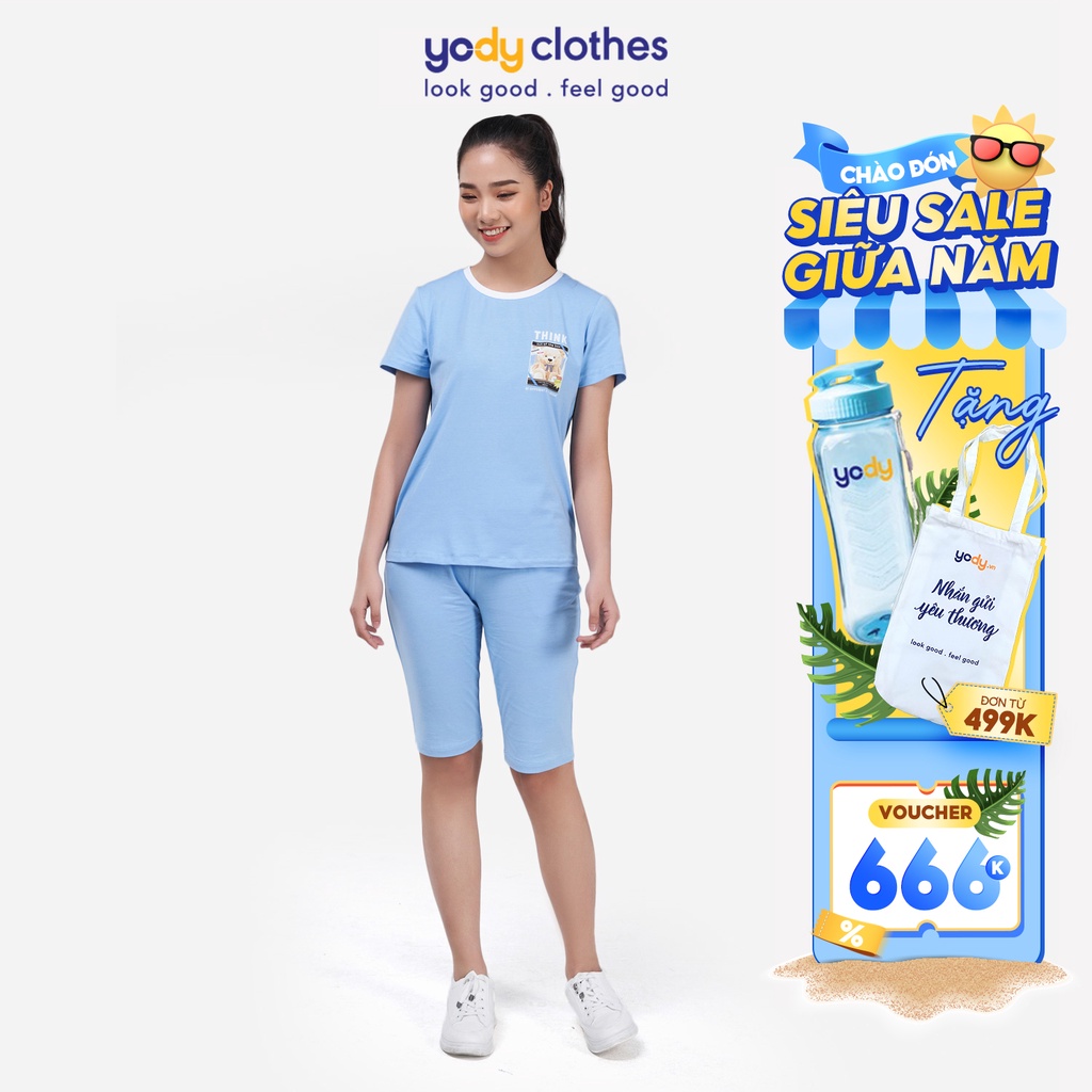 Đồ bộ nữ YODY mùa hè vải cotton thoáng mát in hình con gấu BDN5136
