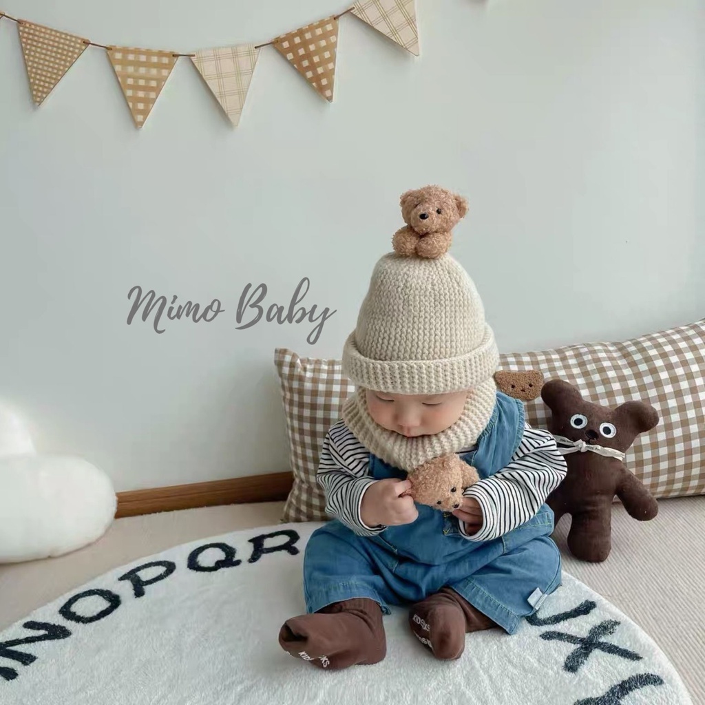 Set mũ kèm khăn len ống đính gấu bông cho bé 1-5y Mimo baby ML40