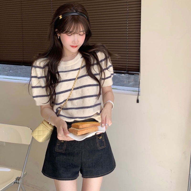 Linki ♥ Áo Dệt Kim Ngắn Tay Kẻ Sọc Thời Trang Nữ Tính