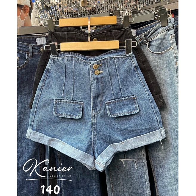Quần Sooc Jeans 2 Nút Túi Hộp, 2 Màu Xanh Và Đen Khói