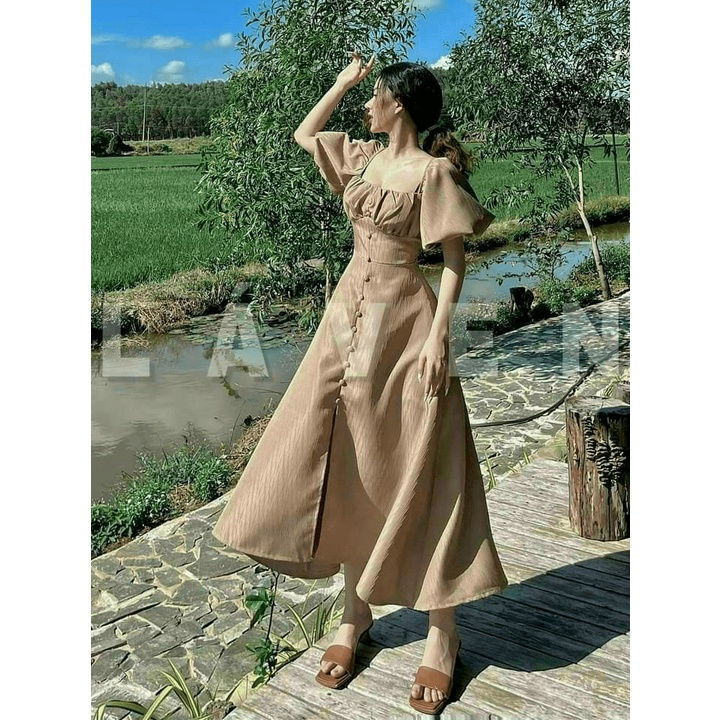 Đầm Maxi Cổ Vuông Tay Bồng Nút Bọc Tà Xẻ Chất Đũi Cao Cấp Mặc Mát, Nhẹ Đẹp Tôn Dáng [NEW UNISEX]