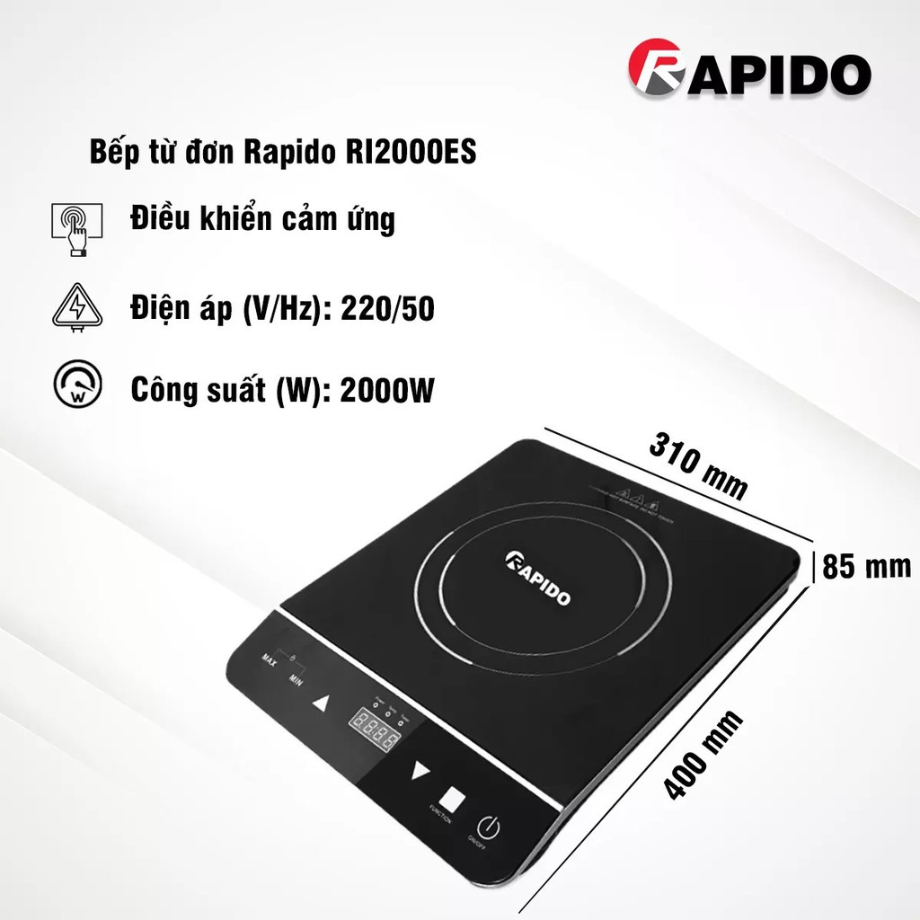 Bếp điện, Bếp từ đơn Rapido RI2000ES tiết kiệm điện, chất liệu mặt bếp cao cấp chịu nhiệt, chịu lực tốt