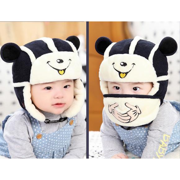 (5 tháng đến 2 tuổi) Mũ len trùm tai kèm khẩu trang cho bé