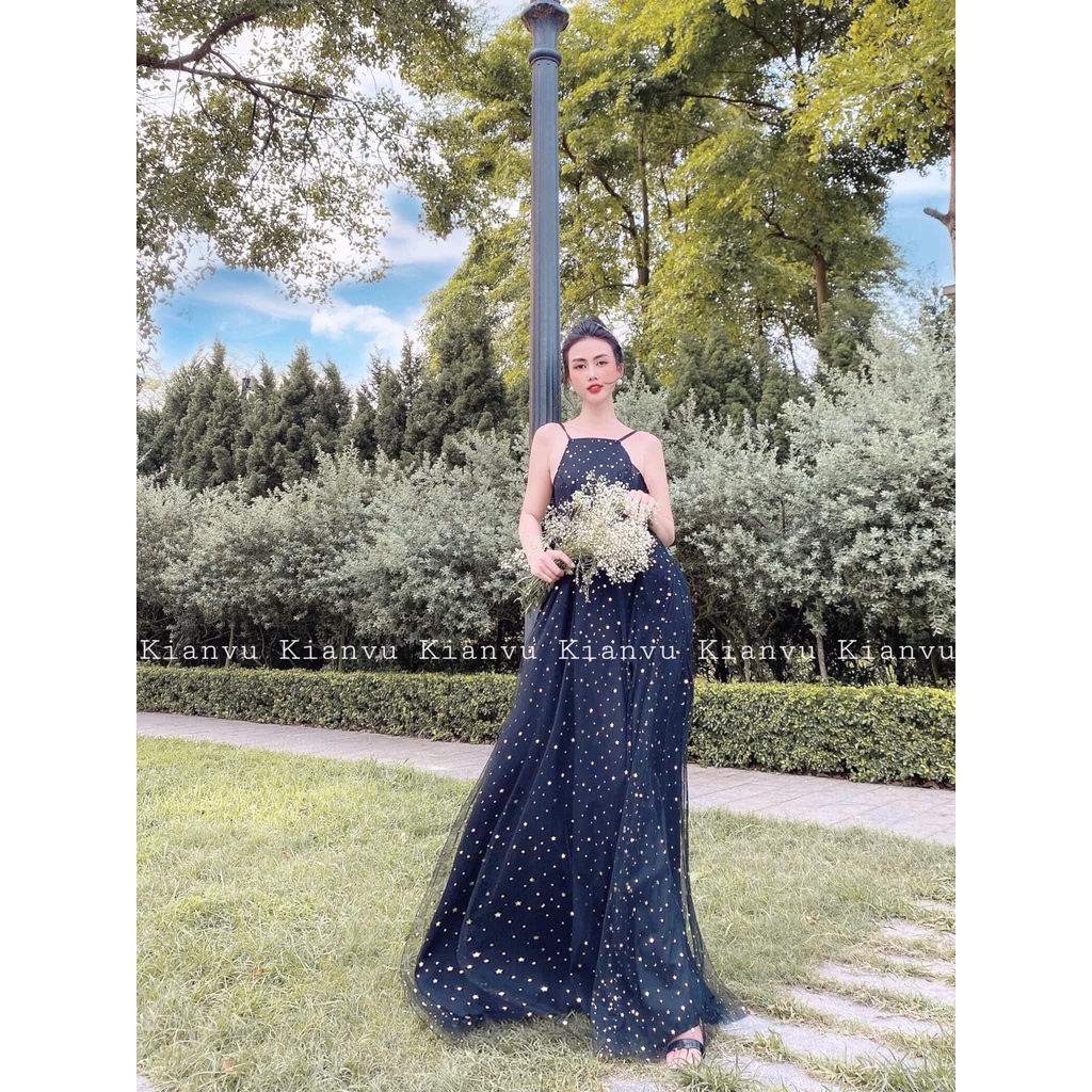 Đầm Maxi hở lưng thắt nơ  ánh nhũ nữ tính hàng tag ASLEY