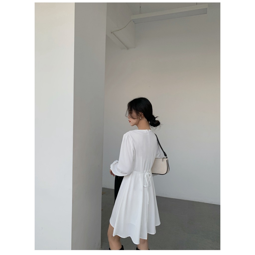 Đầm tay dài cổ V nút bọc
