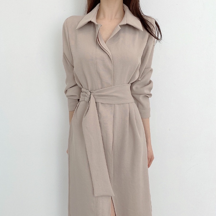 Đầm sơ mi thắt eo giấu cúc dáng dài công sở phong cách nhẹ nhàng vintage