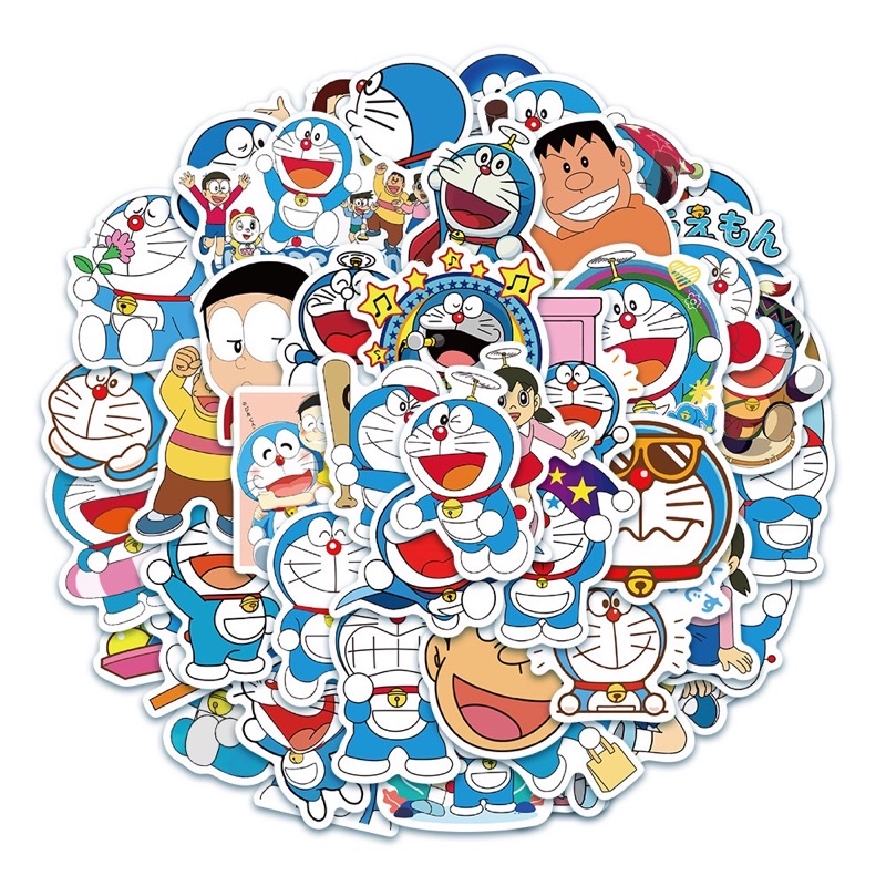 Sticker 50 hình dán Mèo Doraemon trang trí nón bảo hiểm, vali, laptop, v.v..
