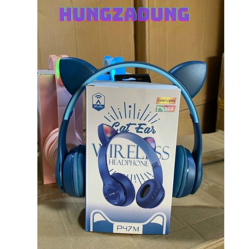 Tai Nghe Bluetooth Phát Sáng,Tai Nghe ChụpTai Mèo Có Mích P47M Giành cho Laptop,PC,Điện Thoại HUNGZADUNG