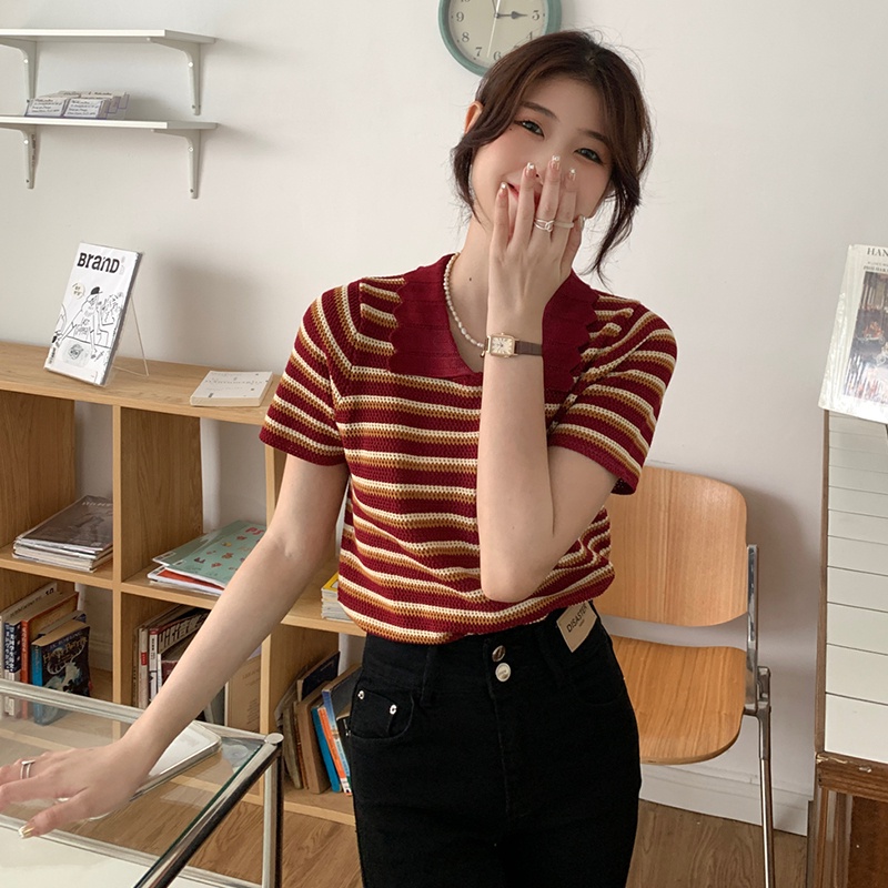 Áo thun polo ZHELIHANGFEI dệt kim ngắn tay kẻ sọc kiểu retro thời trang
