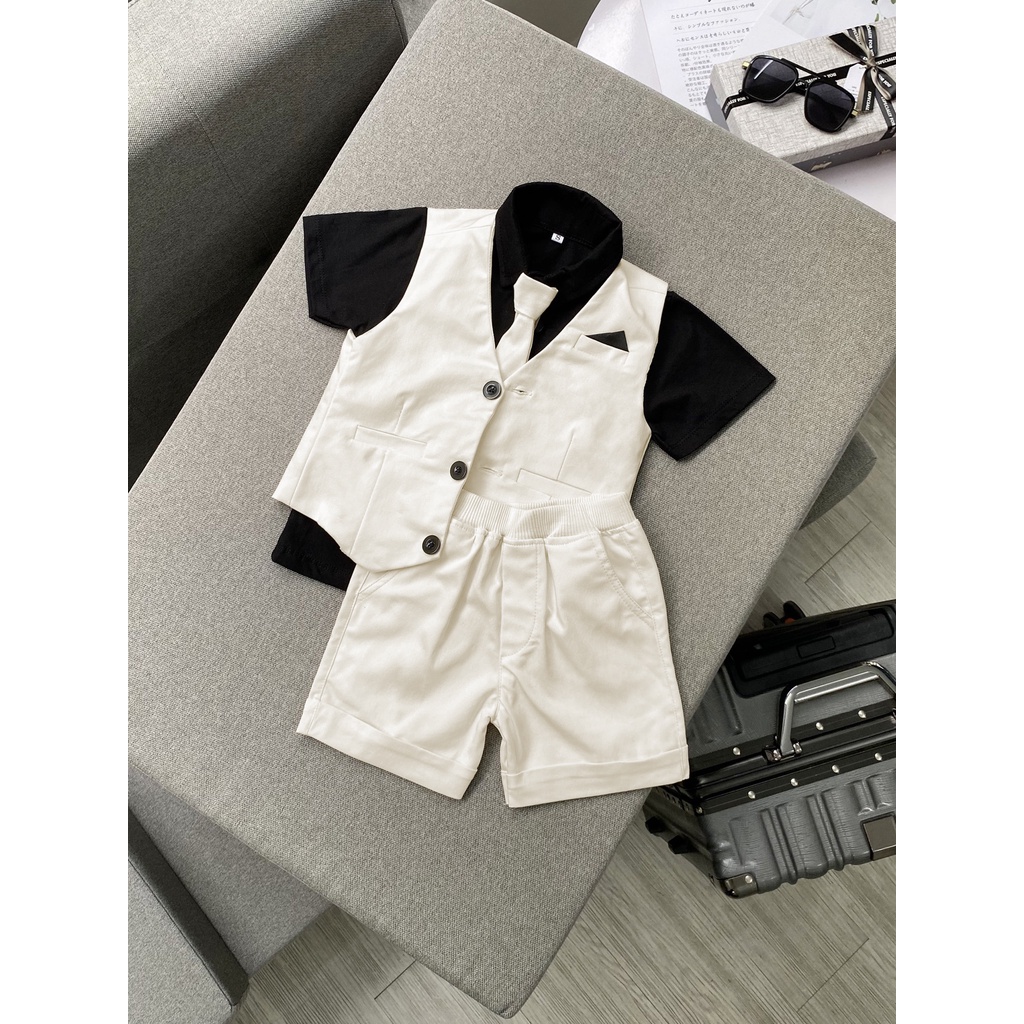 Bộ Vest Ghile Bé Trai Công Tử Bạc Liêu Sang Chảnh + Tặng kèm Áo thun Cổ SơMi  - Kem