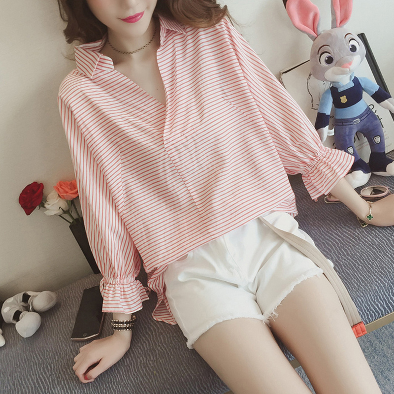 Áo sơ mi tay lỡ 3/ 4 kẻ sọc thời trang hè xinh xắn cho nữ