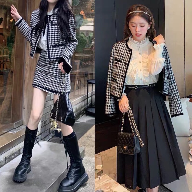 [ Ảnh độc quyền] Áo Khoác Dạ Nữ Vải Tweed Dáng Ngắn Croptop Dài Tay Hoạ Tiết Kẻ Sọc Caro Răng Sói có độn vai kèm nơ