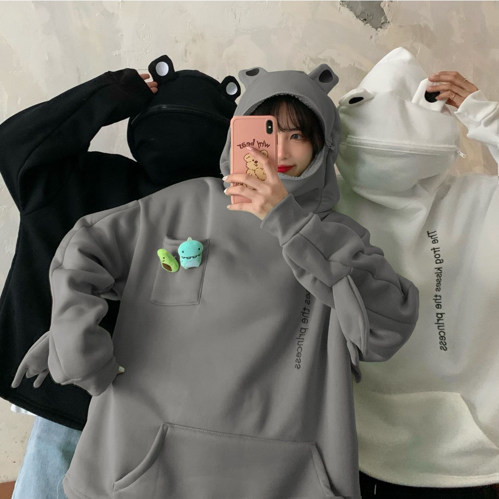 Áo hoodie tay dài dáng rộng thiết kế hình chú ếch ngộ nghĩnh phong cách Hàn Quốc thời trang