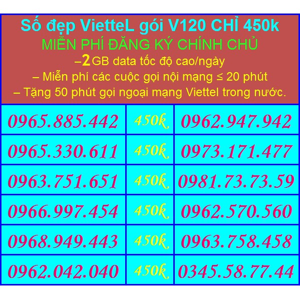 Sim Đẹp Viettel GIÁ 450k GÓI khủng V120 Miễn phí GỌI + Data tốc độ cao - HỖ TRỢ ĐĂNG KÝ CHÍNH CHỦ ( xem chi tiết Sp)