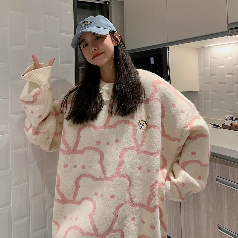 Áo sweater dáng rộng in hoạt hình gấu phong cách Hàn Quốc thời trang thu đông cho các cặp đôi